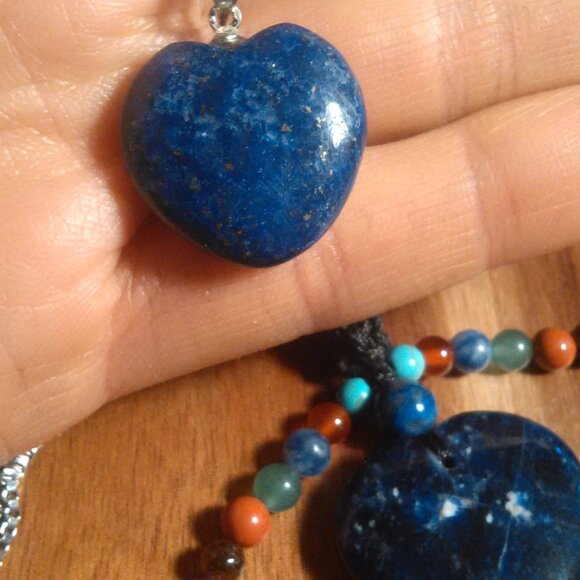 Lapis Lazuli Stainless Steel Heart Pendant Necklace and Sodalite Heart Keychain - Picture 2 of 10